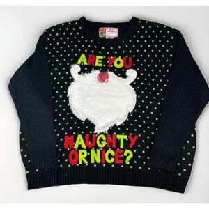 Are You Naught or Nice Ugly Christmas Sweater Women's XXL Black Santa Beard Nose